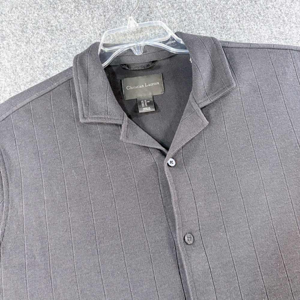 Christian Lacroix Mens XL Ribbed Knit Button Down Shirt Short Sleeve Gray Black